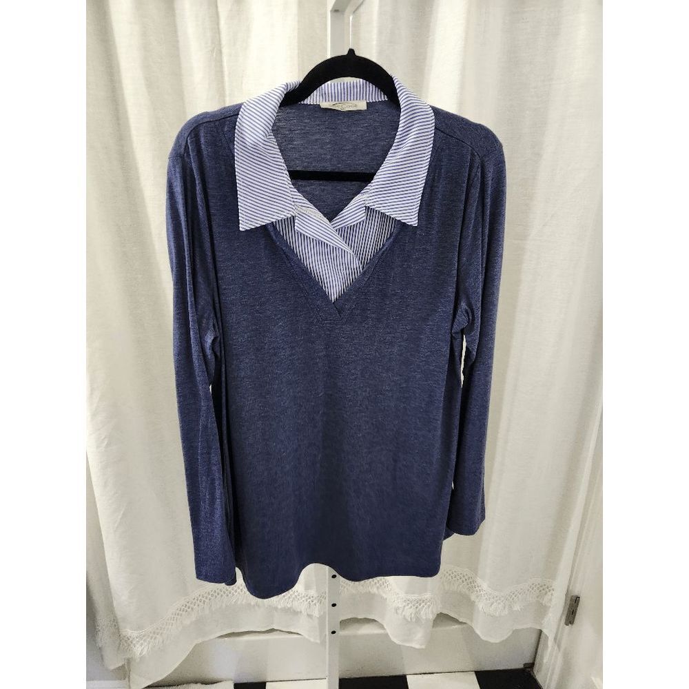 Sese Code Heather Blue Blouse with Blue/ White Pinstripe Collar XL